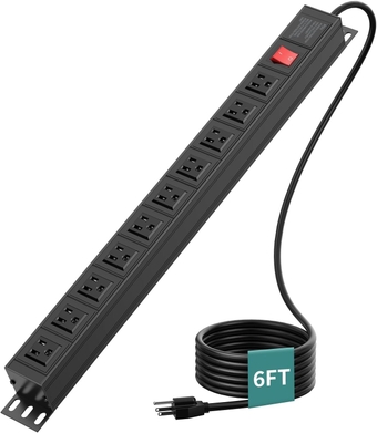 Metal Power Strip 10 Outlet,  Heavy Duty Long Power Strip Surge Protector 6FT 16AWG Cord, Wall Mount Power Strip for Home Office Garage Workbench Shop, Black