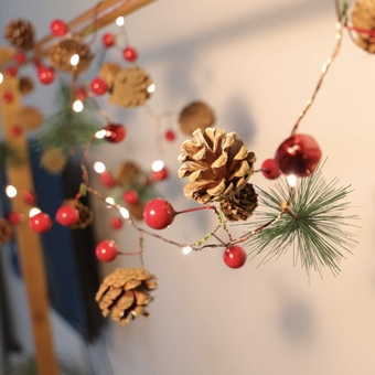 Pine Cone Jingle Bell String Lights 6.5ft 30LED Pine Branch Berries Garland with Christmas Lights Battery Operated for Bedroom Winter Holiday Fireplace Xmas Tree New Year Decor, Brown