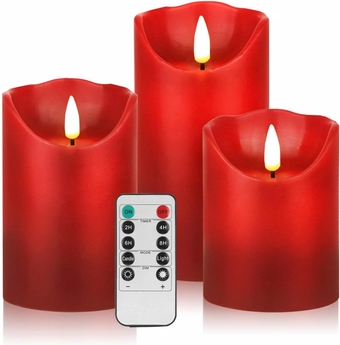 3 Pack Red Flickering Flameless Candle Set, Battery Operated Candles with 10-Key Remote Control, Electric Pillar Candle with Timer, Dancing Flames Real Wax Fake Candle for Festive Celebrations