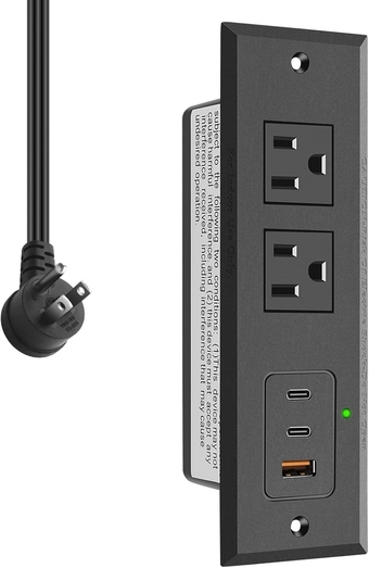 Recessed Power Strip with Two USB-C Ports, Fast Charging USB A Port Desk Outlet, Black Furniture Hidden Charging Station for Side Table, End Table, with 6 FT 45 Degree Flat Plug Extension Cord.