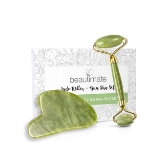 Quartz Rose Jade Roller and Gua Sha Facial Set Kit for Face Skincare, Stone Sculpting Tool, Lymphatic Drainage Guasha Massager for Skin Care Wrinkles Reduction Lifting Massage (Green Jade)