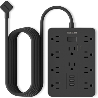 Surge Protector Extension Cord 10 Ft Black,  Flat Plug Power Strip with 10 Wide-Spaced AC Outlets and 3 USB Ports, 1875W/15A, 1700J Protection, Wall Mount Outlet Strip for Home, Office, School