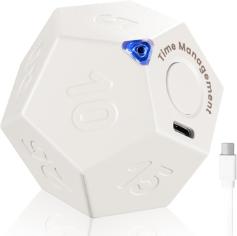 Pomodoro Timer Rotating Desk Productivity Timer - 11 Preset Countdown Rechargeable Dodecagon Timer - Sound Vibrate Mute - Flip Timer Kid Kitchen Cooking Workout Exercise Study ADHD Minute White