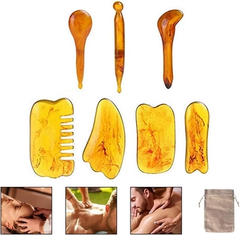 Gua Sha Scraping Massage Tool Set Resin Amber Gua Sha Facial Tools Health Care Beauty Guasha Scraper Board for Acupuncture,Deep Tissue Massage Therapy, Muscle Relief, Flax Bag Included