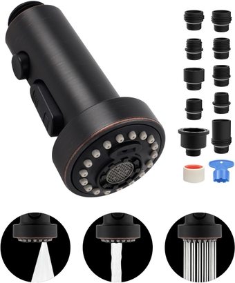 Pull Down Kitchen Faucet Head Replacement, 3 Function Sink Faucet Sprayer Head Nozzle with 10 Adapters, Compatible with Moen, American Standard, Delta, Kohler Faucets,Oil Rubbed Bronze