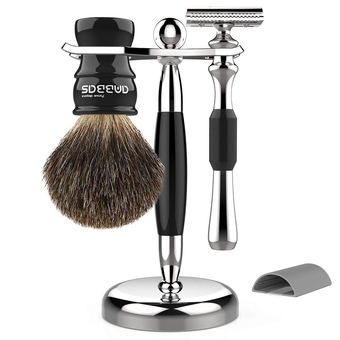 Badger Shaving Brush Set, 3in1 Razor and Brush Stand Stainless Steel,Double Edge Safety Razor with Protective Cover,Pure Badger Brush Quality Resin Handle for Men Women Wet Shave Hair Removal