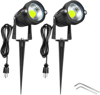 Bright Outdoor LED Landscape Lighting 5W COB Garden Wall Yard Path Lawn Light Lamp with Spiked Stand and Power Plug, Pack of 2(Cool White)