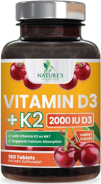 Vitamin D3 K2 as MK-7 with 2000iu of D3 & 75mcg K2, Vitamin K2 D3 Bone Strength Supplements Support Calcium Absorbtion for Teeth & Bone Health + Muscle & Immune Health Support - 180 Chewable Tablets