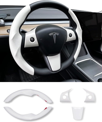 Tesla Model 3 / Y Steering Wheel Cover, Carbon Fiber Tesla Steering Wheel Protector Cover & ABS Steering Wheel Wrap Kit for 2016-2023 Tesla Model 3 / Y Accessories White, Gifts for Tesla Owners