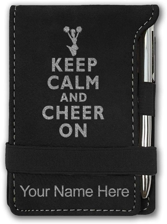 Mini Notepad, Keep Calm and Cheer On, Personalized Engraving Included (Black with Silver)