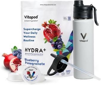 Hydra+ Blue Pomegranate Flavored Water Enhancer Pods Starter Bundle, Water Flavoring, Sugar Free, Vitamin C, Vitamin D, Zinc, 30 Pods, 22 oz Stainless Steel Water Bottle, White