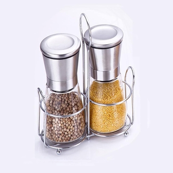 Stainless Steel Salt and Pepper Grinder Set with Stand, Salt and Pepper Shakers, Adjustable Coarseness, Refillable -Sea Salt, Black Peppercorn Mill
