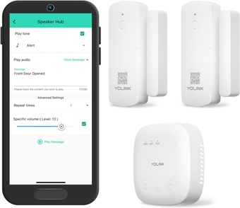 LoRa Smart Door Sensor Starter Kit: SpeakerHub Audio Hub & 2 Door Sensors - Up to 1/4 Mile Range, Door Left-Open Reminders, up to 5 Year Batteries, Alexa, IFTTT, Home Assistant