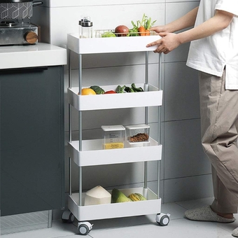 Multifunction Portable Hand Trucks,4-Tier Bathroom and Kitchen Slim Storage Cart - Slide Out Shelf Storage Tower Cabinet - Plastic Small Mobile Sheing - Narrowce Organizer - Easy Moving - White
