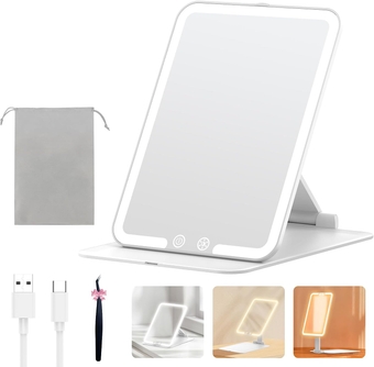 Rechargeable Travel Makeup Mirror with 3 Light Colors, Portable & Foldable LED Dimmable Travel Mirror Compact Mirror, Adjustable Height Smart Angle Sensing Lighted Vanity Mirror - White