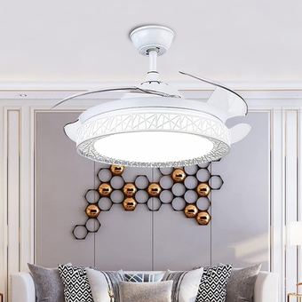 42'' Modern White Ceiling Fan with LED Light and Remote, Retractable Invisible Blades Acrylic Fandelier Ceiling Fan with Three Color Changing Mute Motor for Bedroom Living Room Kitchen