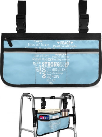Walker Bag Inspirational Quotes Wheelchair Bag Heart Shape Blue Walker Basket Pouch Organizer Caddy Waterproof Carry Storage Carrier Tote