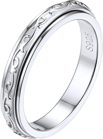 S925 Sterling Silver Spinner Fidget Rings 18K White Gold Plated Embossed Cletic Anxiety Relieve Spinner Rings Sterling Silver Stress Relieving Ring Boredom ADHD Autism Band Rings Women,Teens,Girls