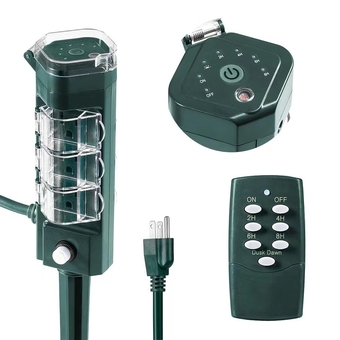 Outdoor Power Stake Timer, 100FT Wireless Remote Control, Weatherproof Countdown Light Timer(2, 4, 6, 8 Hour), Photocell Dusk to Dawn for Outdoor Lights, 6 Outlets, 6FT Cord, 1875W/15A, ETL Listed