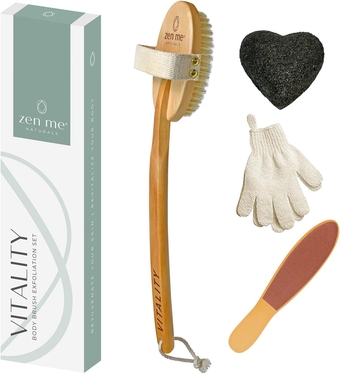 Dry Brushing Body Brush Set for Lymphatic Drainage - Natural Exfoliation Kit with Premium Boar Bristle Brush, Exfoliating Gloves, Konjac Facial Sponge & Foot File, for Bath or Shower