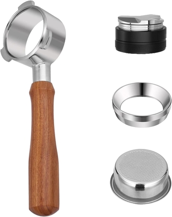 54mm Bottomless Portafilter Compatible For Breville 8 Series, Stainless Steel Coffee Espresso Machine Wood Handle With Two-Cup Basket Filter Adjustable Distributor Leveler Dosing Ring Funnel, Set of 4