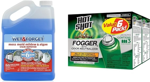 &  Moss, Mold, Mildew, & Algae Stain Remover Multi-Surface Outdoor Cleaner Concentrate & Hot Shot Fogger with Odor Neutralizer, Kills Roaches, Ants, Spiders & Fleas