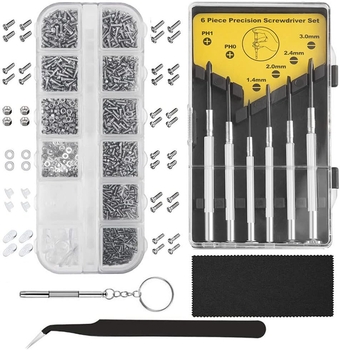Eyeglasses Repair Kit, 1100PCS Eyeglass Screws and 6 Pcs Precision Screwdriver Set and Tweezers for Glasses, Sunglass, Jewelry, Spectacles and Watche