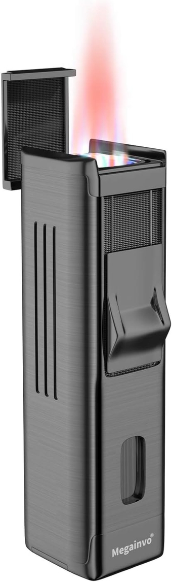 Torch Lighter with Punch Quad Jet Lighter Pink Flame Butane Torch Lighter Refillable Adjustable Gas Lighter with Fuel Visual Window Windproof Lighter for Men Women Gift (Butane Gas Not Included)-Black