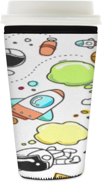 Coffee Cup Sleeves,Astronaut Rocket Doodle Universe Pattern High Density Insulated Neoprene Coffee Sleeves，Reusable For Hot, Iced Beverages Cups Sleeve(Medium: 22-24 Oz)