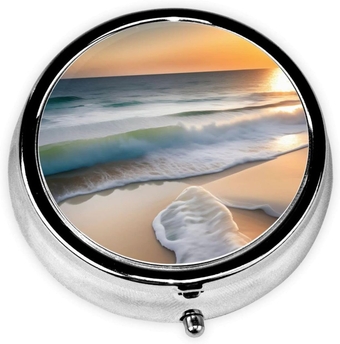 Sunset Over The Waves Small Round Pill Box,3 Cell Plastic Insert,20 Pills Holding Capacity Button to Open,Mini Portable Portable Long-Term Storage Perfect for Carrying in Pockets,Wallets,Travel,Work