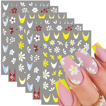 6Sheets Flower Nail Art Stickers Decals Exquisite French Floral Nail Art Supplies 3D Self-Adhesive Colorful Flowers Daisy Cherry Blossoms Nail Design Sticker for Woman Nail Art Manicure Tip Decoration