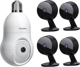 4MP Bulb Security Camera with 4 Indoor Camera, 2K Security Cameras Wireless Outdoor Indoor Full Color Day and Night, Motion Detection, Audible Alarm, Easy Installation, Compatible with Alexa
