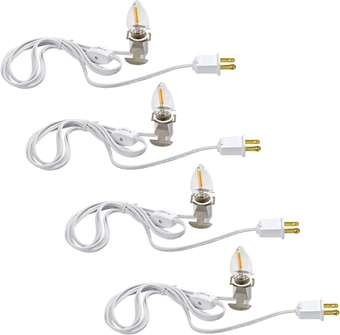 Set of 4 Accessory Cord with One Led Light Bulb 6Ft Blow Mold Light IndoorString Lights, C7 Lamp with Spare Fuse for Halloween and Christmas Decorations, Craft Village House Decoration
