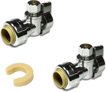 Push Fit Valve 1/2" Nom x 1/4" OD Compression, With Dismount Clip Tool, Quarter-Turn ON/Off for Water Filtration System, Ice Maker, Refrigerator, Cooler, Reverse Osmosis Supply Shut-Off (2 Pack)