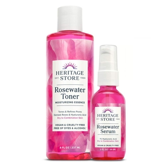 Heritage Store Rosewater Toner & Rosewater Serum Bundle w/Hyaluronic Acid & Damask Rose for Fresh, Dewy Skin | 8oz, 2oz