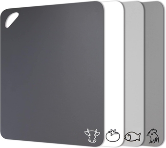 Plastic Cutting Board Flexible Mats With Food Icons, Set of 4, BPA-Free, Non-Porous, Upgrade 100% Anti-skid back and Dishwasher Safe, Modern Neutral Colors