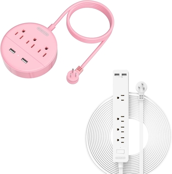 Flat Long Extension Cord 15 ft and 10 ft Bundle,  Wall Mount Power Strip Flat Plug with USB Ports, Pink Nightstand Charging Station for Home Office Indoor Dorm Room