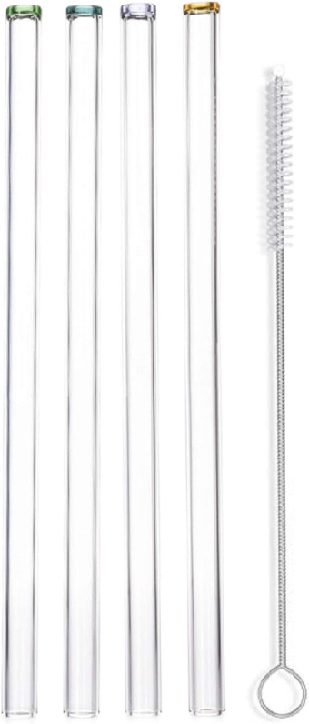 Reusable Clear Glass Straws - Artisanal Colored Tips, Wide Flow for Smoothies, Juices, Frozen Drinks, Milkshakes, Tea - Portable Travel Drinking, Long
