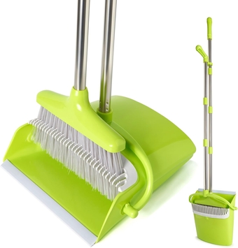 Broom and Dustpan Set with Long Handle, Light Weight Stainless Steel Poles Stand Upright Dustpans with Broom Combo for Home Kitchen Office Pet Dog Hair, Green & Grey Color, 1-Pack