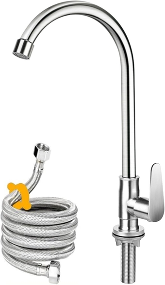 Brushed Nickel Cold Water Faucet Only,SUS304 Stainless Steel Cold Water Kitchen Faucet Single Handle Single Hole Cold Water Faucet for Kitchen,Outdoor, Garden and Bar with Hose and Longer Thread Pipe