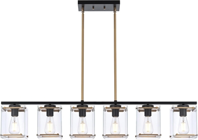 6-Light Linear Chandeliers in Black Brass Finish Dining Room Light Fixture Over Table, Modern Pendant Light Fixtures Kitchen Island Lighting Hanging with Rectangular Clear Glass Shade