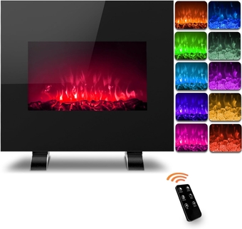 Electric Fireplace Heater, 26 Inch Glass Fireplace Heater with Wall Mounted and Freestanding, Adjustable 10 Flame LED Colors, Log & Crystal Hearth Options, Remote Control, 12H Timer