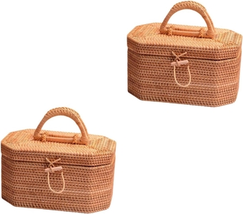 2 Pcs Rattan Snack Box Country Picnic Basket Reusable Lunch Case Closet Woven Basket Decorative Wedding Decorations for Ceremony Fruits Baskets Food Basket Wooden Indoor Travel
