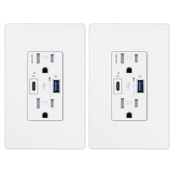 2 Pack GaN 65W USB C Outlet Receptacle for Laptop, 15A High Speed Charging Electrical Outlet with USB Ports, Type C Supports PD 3.0 & PPS, Type A Supports Quick Charger 3.0, UL Listed, White