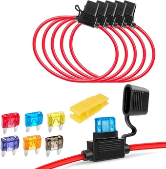 5pcs Waterproof Fuse Holder 32V 20A, 16 AWG ATC Blade Fuse Holder In-Line with a Cap, Plug Socket with 6pcs Small Blade Fuse