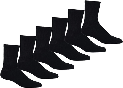 Mens Womens Diabetic Crew Socks Cotton 6-Pack Non-Binding Top & Cushion Sole - Black, 10-13
