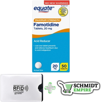 Equate Maximum Strength Famotidine Tablets, 20 mg, Acid Reducer, 50 Count + 1 Card Protector SchmiidtEmpire + Sticker (50)
