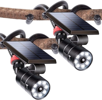 Solar Motion Sensor Camping Lights of 2 Aluminum Waterproof, 100% Free Replacement Within 100-Week, LED 9W 1400LM (130W Equi.) Outdoor Solar Flood Security Spot Lights for Fence Deck Path Garden Camp