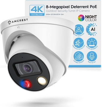 UltraHD 4K (8MP) IP POE AI Camera, 4K @30fps, 98ft Night Color Vision F1.0, Security Outdoor Turret Camera, Vehicle & Human Detection, Active Deterrents, Built in Microphone, IP8M-DT3949EW-3AI
