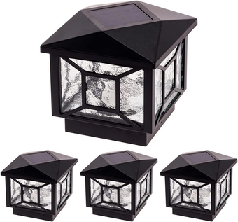Geometric Square Solar Post Cap Lights Fits 4x4 Wood, 4x4 & 5x5 PCV/Vinyl Outdoor Solar Powered Post Cap Light, Fence Post, Landscaping, Deck, Garden- Bright LED, Waterproof Black 4 Pack